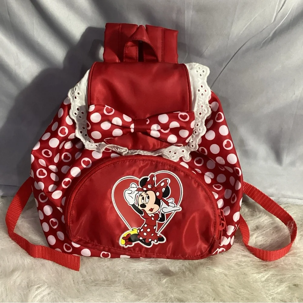 Disney Parks Minnie Mouse Red White Dots Poly Backpack Lace Elastic Cuteness